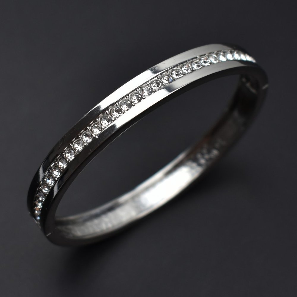 Silver bangle bracelet with clear rhinestone, chunky accent stack bracelet